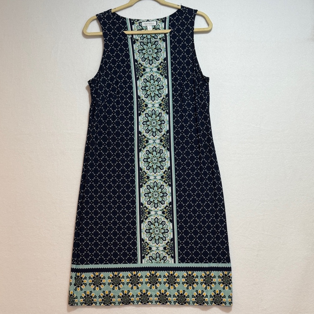 Charter Club Midi Dress M Geometric Sleeveless Stretchy Pullover Blue